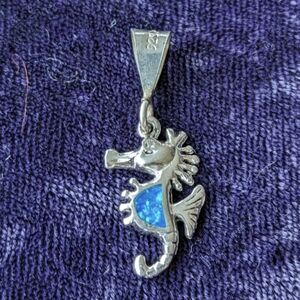 Vintage 925 Sterling Silver Southwestern Western Seahorse Opal Pendant